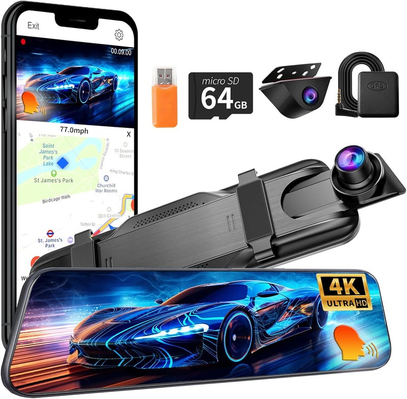 QOZ Mirror Dual Dash Camera,4K and 1080P Dash Cam with Voice Control Rear View Mirror Camera and WiFi,GPS Dashcam for Cars with WDR Night Vision, G-Sensor, 24 Parking Monitor ABS (Include 64FGB Card) - Image 1